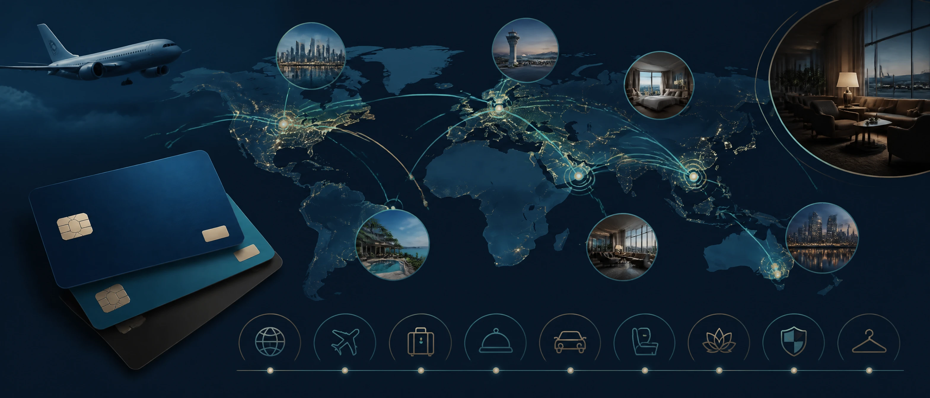 Conceptual global travel loyalty network connecting bookings, mobility, protection and daily services